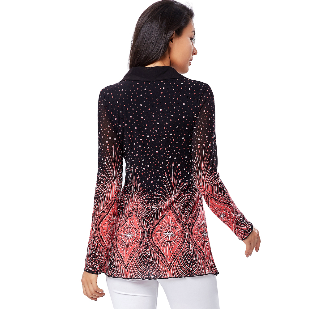 YTL Turn Down Collar Ladies Plus Size Shirt Flare Sleeve Print Blouses Women Big Sizes Winter Diamonds Brooch Vintage Tops H033 210225