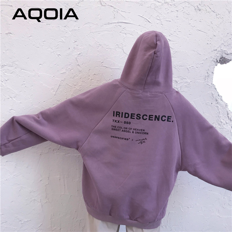 AQOIA Hoodies Women Thicker Plus Velvet Pocket Warm Soft Hooded Letter Printed Simple Loose Womens Trendy Sweatshirt Winter 201204