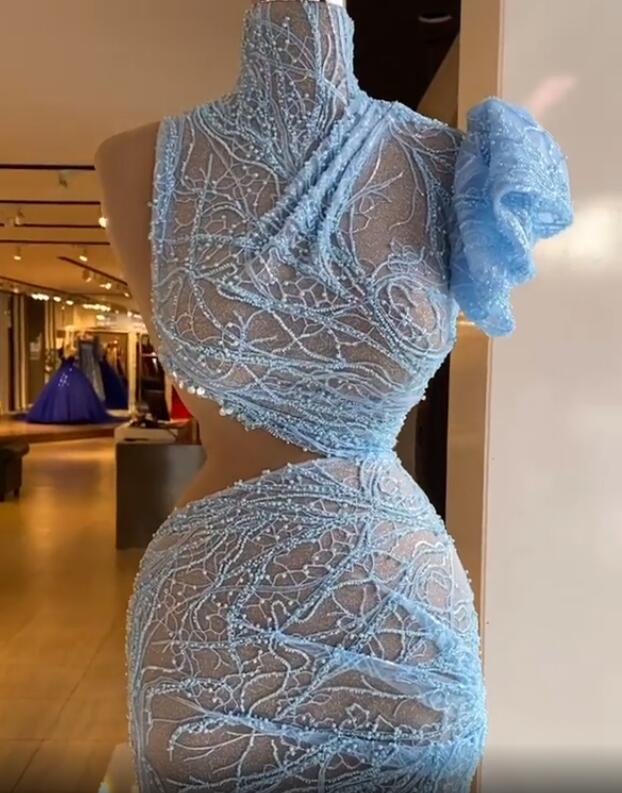 Aso Ebi 2021 Arabic Luxurious Beaded Sheath Evening Dresses Lace High Neck Prom Dresses Short Formal Party Second Reception Gowns ZJ306