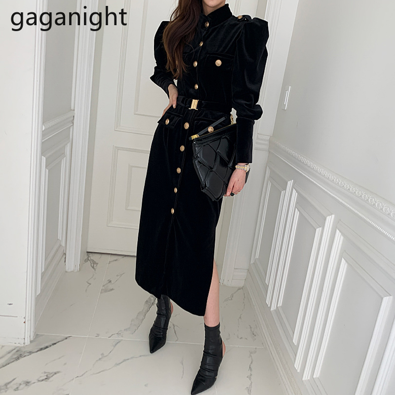 Gaganight Autumn Winter Velvet Women Maxi Dress Long Sleeve Single Breasted Slim Korean Dresses Female Lady Elegant Vestidos New 210303
