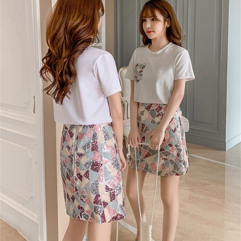 Fashion 2 Piece set Female Summer New Ladies Simple White Tshirt Colorful Mosaic Sequined Skirt Suits Casual Outfits