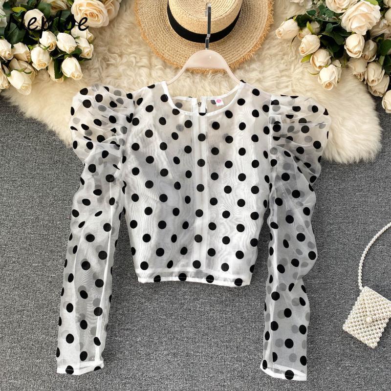 Neploe Retro Chic Polka Dot Puff Sleeve Blouse Women O-neck Zip Panelled Femme Blusas Fashion New All-match Shirt 1F917 210225