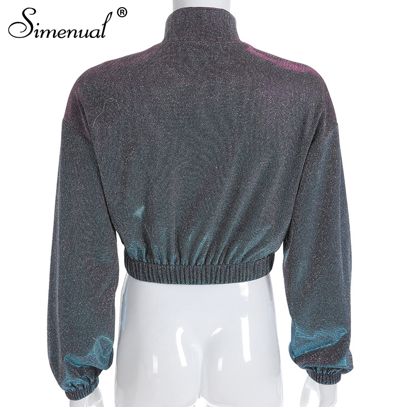Simenual Sequin metallic women sweatshirt zipper long sleeve crop tops korean oversize turtleneck hoodies streetwear spring T200407