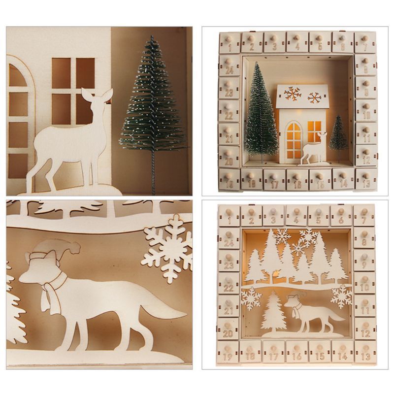 Christmas Tree Wooden Advent Calendar Countdown Decoration 24 Drawers LED Light 11UA 201017