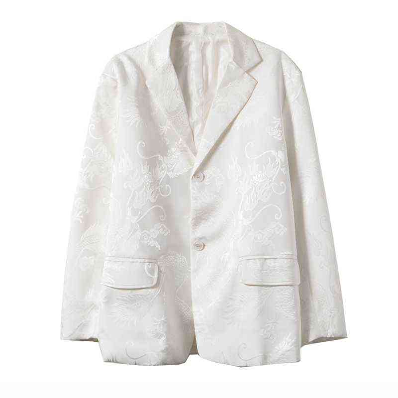 Gothic Vintage Women Jacket Long Sleeve Retro Silky Satin Blazer For Female Fashion Chinese Dragon Print White Outwears 211122