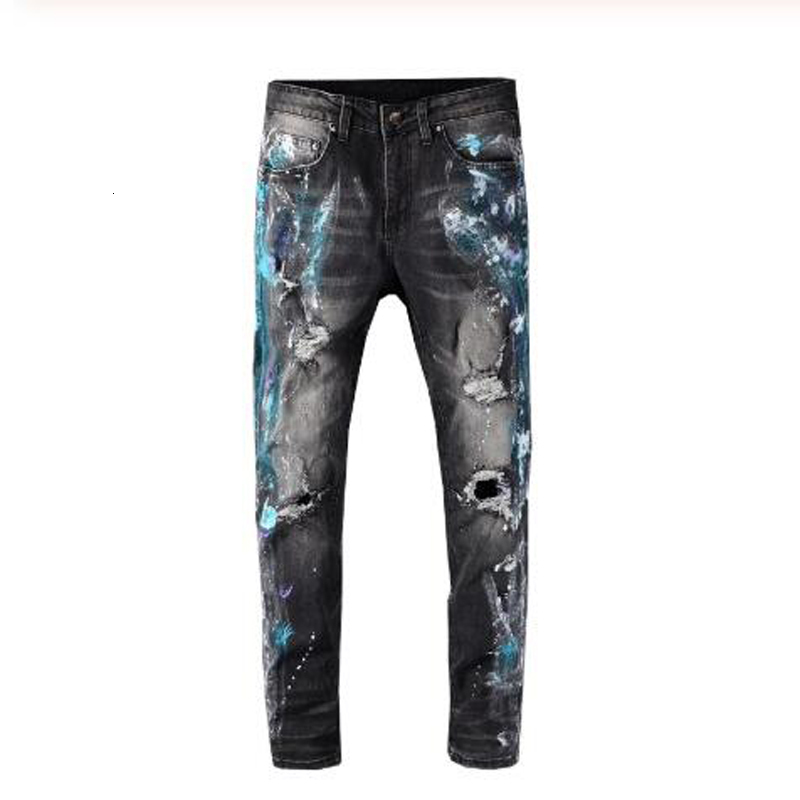 2021 New Men's Male Fashion Casual Painted Holed Ripped Black Stretch Jeans Trendy Streetwear Skinny Slim Denim Pants Trousers Gy5h 
2021 New Men's Male Fashion Casual Painted Holed Ripped Black Stretch Jeans Trendy Streetwear Skinny Slim Denim Pants Trousers Gy5h