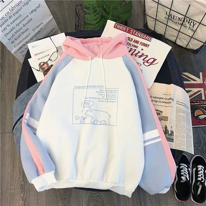 Women Plush Cute Bear Print Hoodie Long Sleeve Hoody Female Sweatshirts Loose Size Lovely Cotton Treetwear Top Spring Clothes 201102