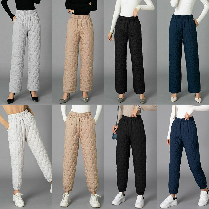 Women Winter Warm Down Cotton Pants Padded Quilted Trousers Elastic Waist Casual Trousers 220309