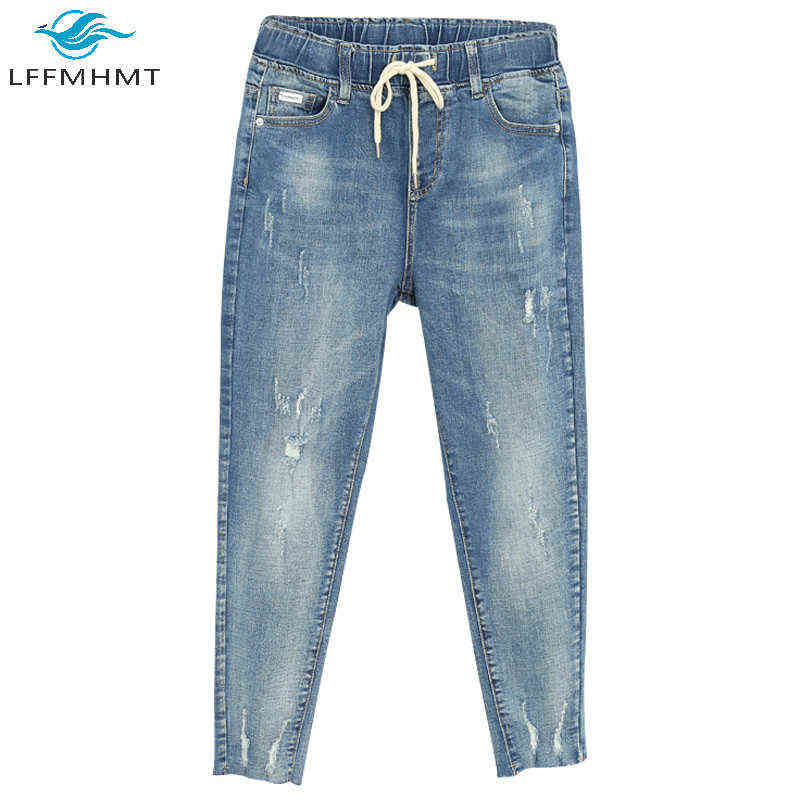Women Summer Autumn Baggy Elastic Waist Jeans Korea Style Ripped Pants Female 100KG Oversize Loose Harem Trousers Cloth 211111