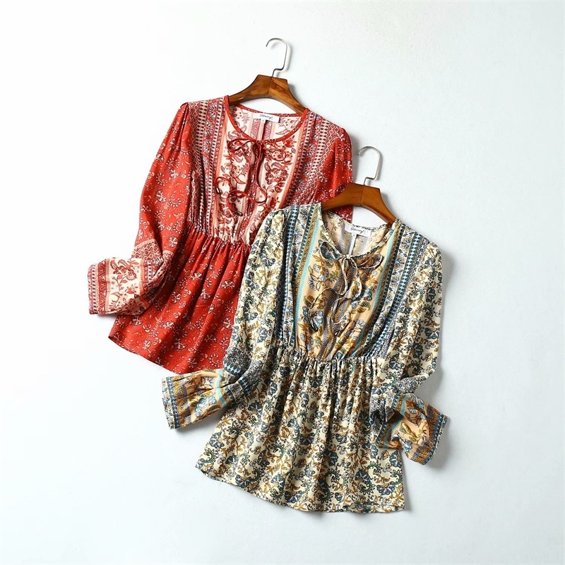 Vintage chic women bohemian floral printed V-neck lace-up blouse shirts long sleeve tassel Boho shirts rayon blusas T200321