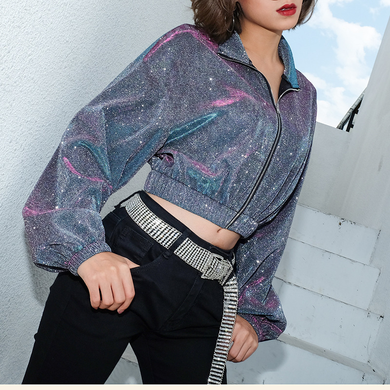 Simenual Sequin metallic women sweatshirt zipper long sleeve crop tops korean oversize turtleneck hoodies streetwear spring T200407