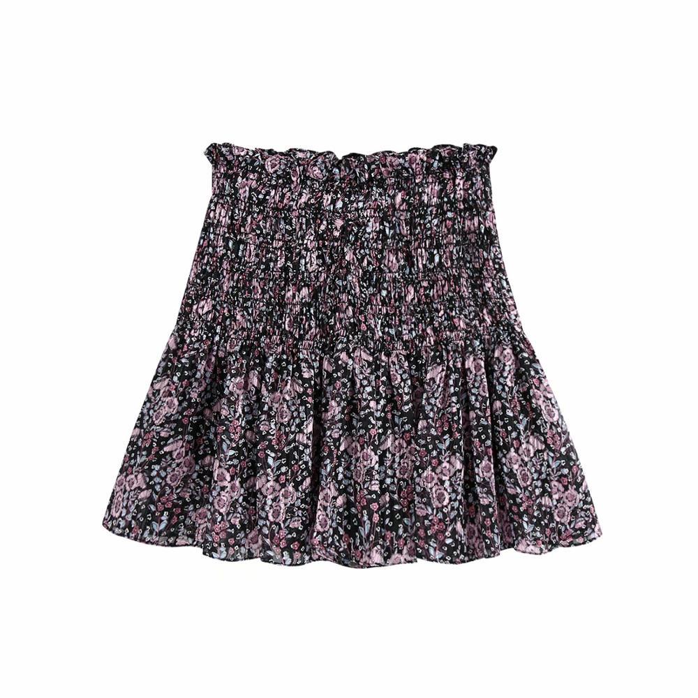 ZEVITY Women vintage tropical flower print pleated mini skirt faldas mujer ladies casual slim ruffles chiffon skirts QUN671 210306