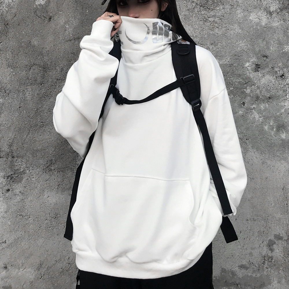 Letter Moon Print Turtleneck Pocket Hooded Sweatshirt Gothic Pullover Hoodies Woman Man Streetwear Hip Hop Harajuku Punk Korean LJ200808