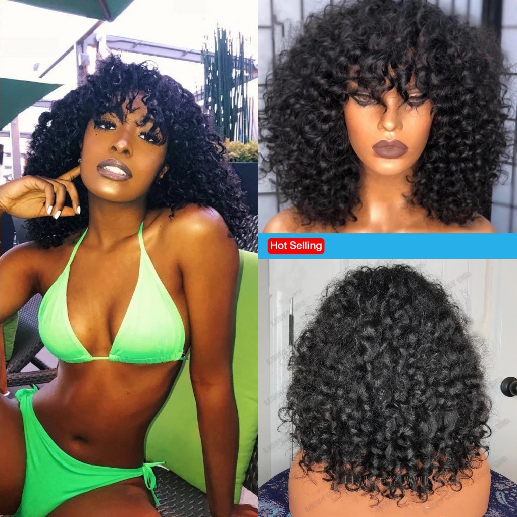 

Short Kinky Curly Bob Lace Front Human Hair Wig For Women Glueless 13x4 Synthetic Frontal Closure Wigs With Bangs, Natural color