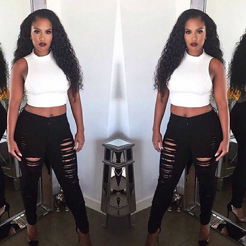 Fall Skinny Jean Denim Pants Holes Destroyed Knee Pencil Casual Trousers Black White Stretch Ripped 210809