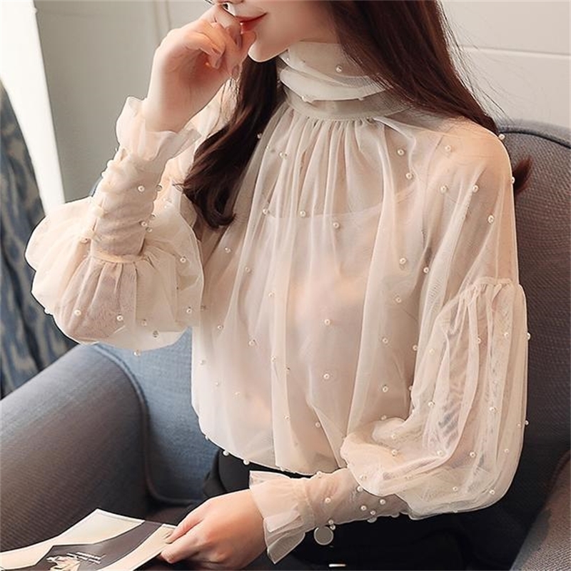 Plus Size 2XL Women Top lantern Sleeve Autumn Spring Blouse Beading Elegant Blouse Chiffon Pearl Shirt T200322