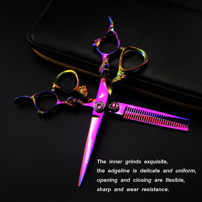 FREELANDER 6.0 inch purple hair scissors cutting / thinning scissors with comb scraper leather case barber scissors