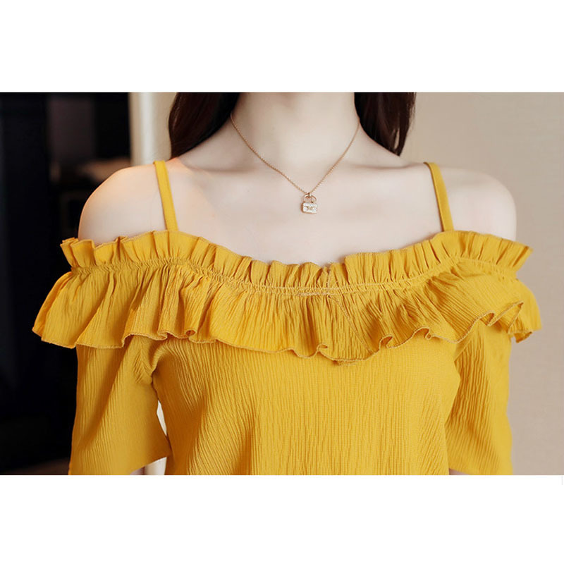 And Ladies Tops Sexy Slash Neck Women's Clothes Short Chiffon White Blouse Shirt Women D825 30 210308