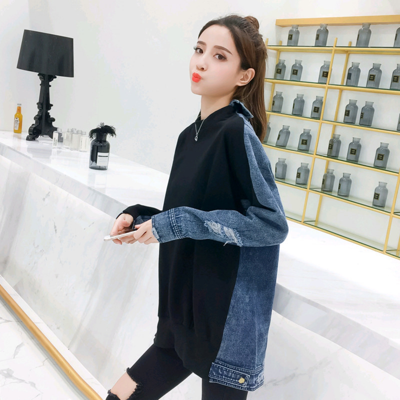 SHENGPALAE New Fashion Autumn Women Denim Splice Sweatshirt Hooded Pullovers Female Casual Oversize Jumper ZA5055 201102