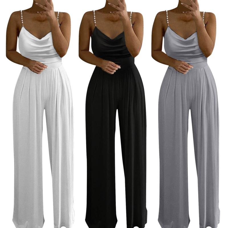 Womens Jumpsuits Rompers Women Long Pants Lady Loose Sexy Soild Pearl Sling Top Wide Leg Bodysuit Female Spring Autumn Jumpsuit AAA Discount for in-st