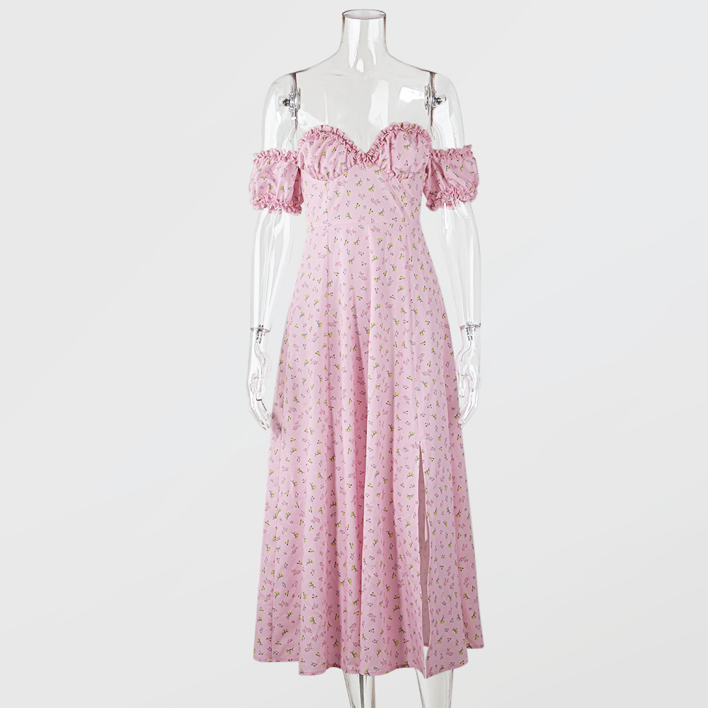 JillPeri Off The Shoulder Midi Dress Summer Floral Side Open Vacation Holiday Outfit Short Sleeve Sexy Sundress 210309