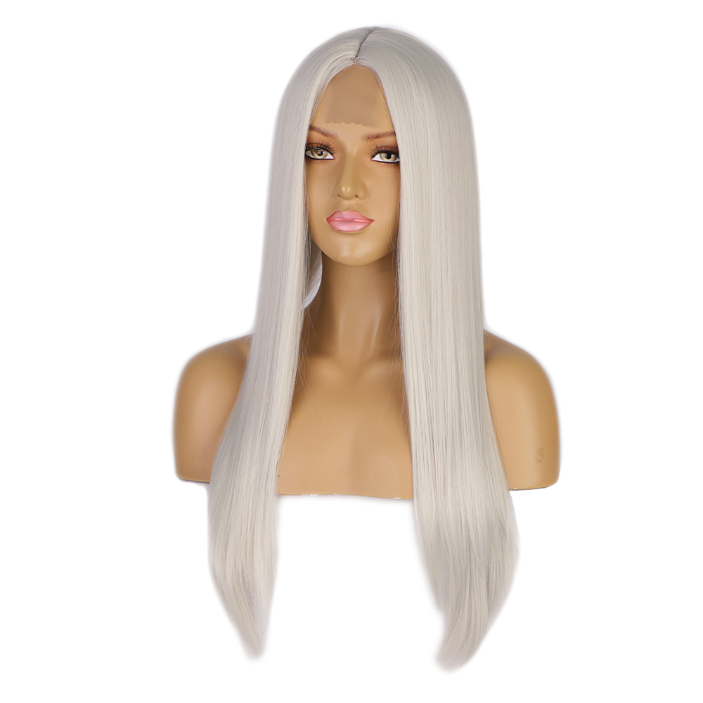 women wig 24inch Long White Wig Straight Hair synthetic lace front wigs cosplay wig