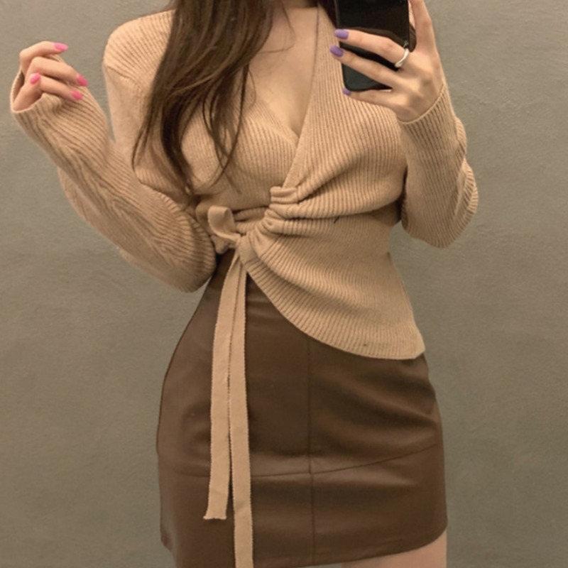 WOMENGAGA Spring V-neck base tops korean long sleeve sweater women's irregular knitwear sexy women JRN0 210603