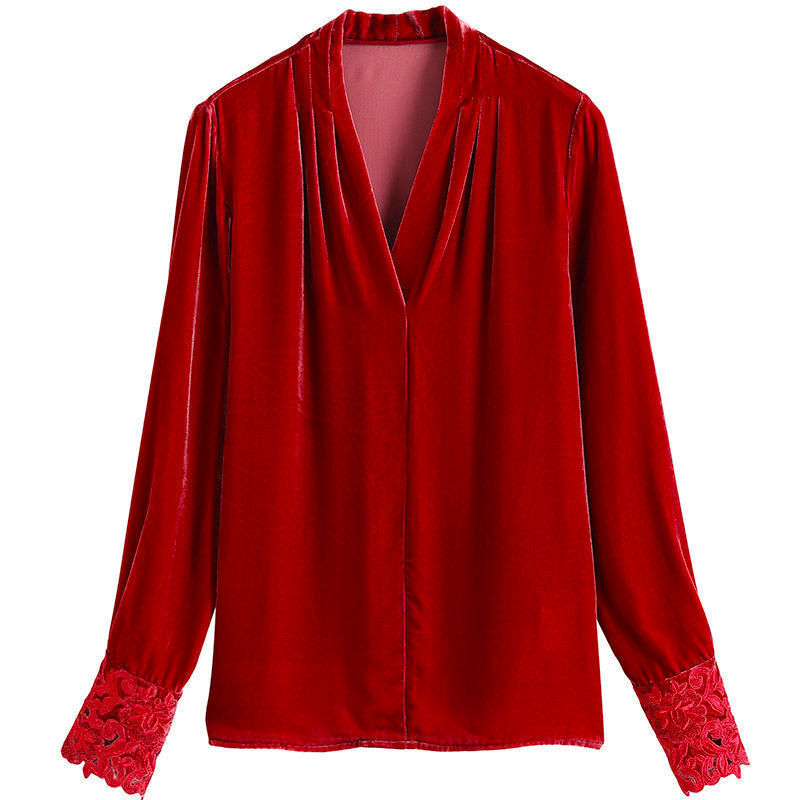 Women Sexy V-neck Velvet Office Blouse Elegant Blue Long Sleeve Wild Basic Shirts Plus Size Vintage Casual Ladies Top Spring New 210225