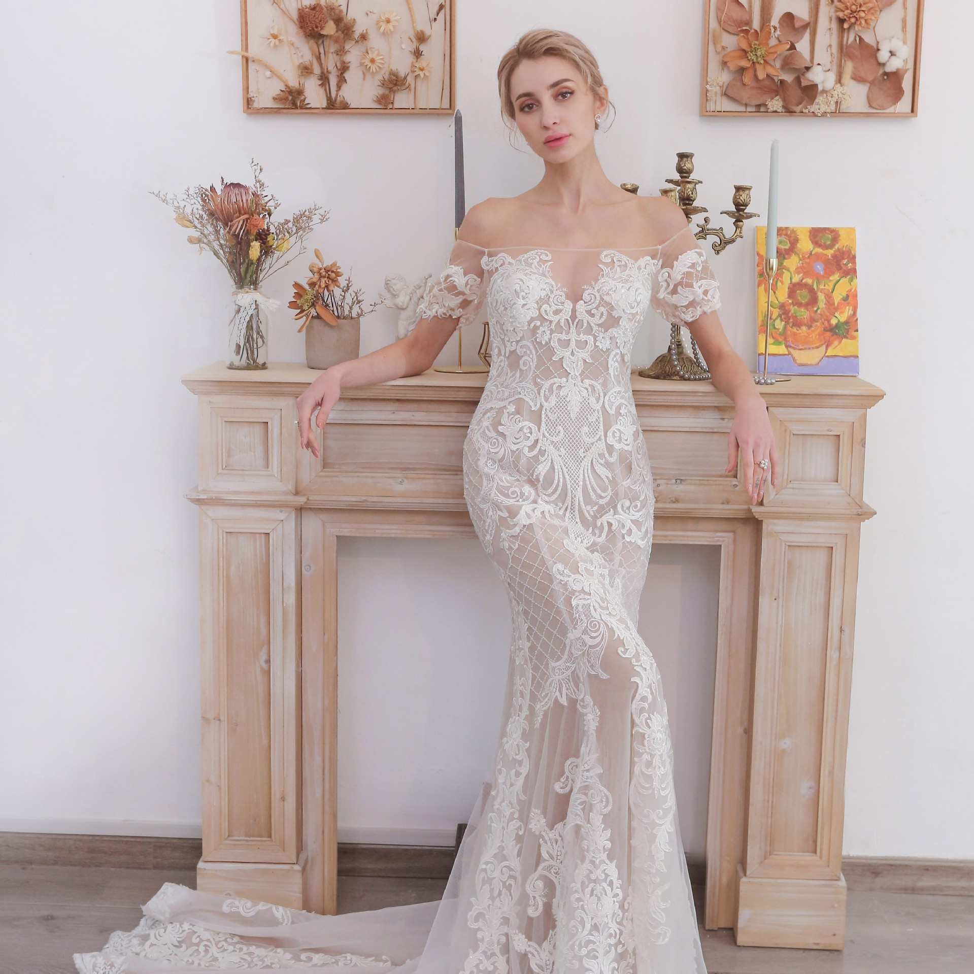 2022 Mermaid Wedding Dresses Off-shouder V-neck Custom made Appliques Race Sweep Train White Ivory Bridal Gowns