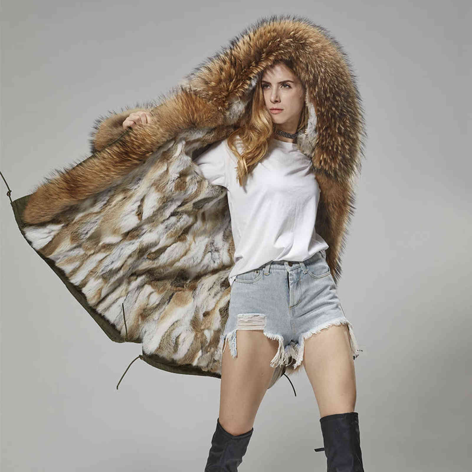 winter women real fur coat long Rabbit fur lining hooded parka Large raccoon fur collar warm coats Star same style 211130