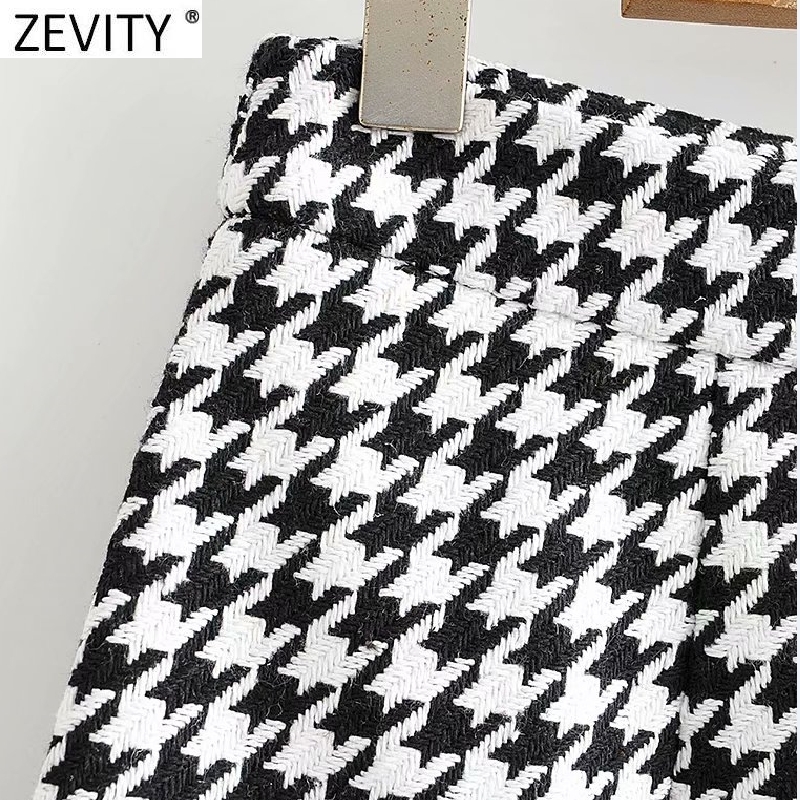 Zevity New Women Vintage Houndstooth Plaid Print Casual Slim Pencil Skirt Faldas Mujer Female Back Zipper Chic Vestidos QUN707 210309