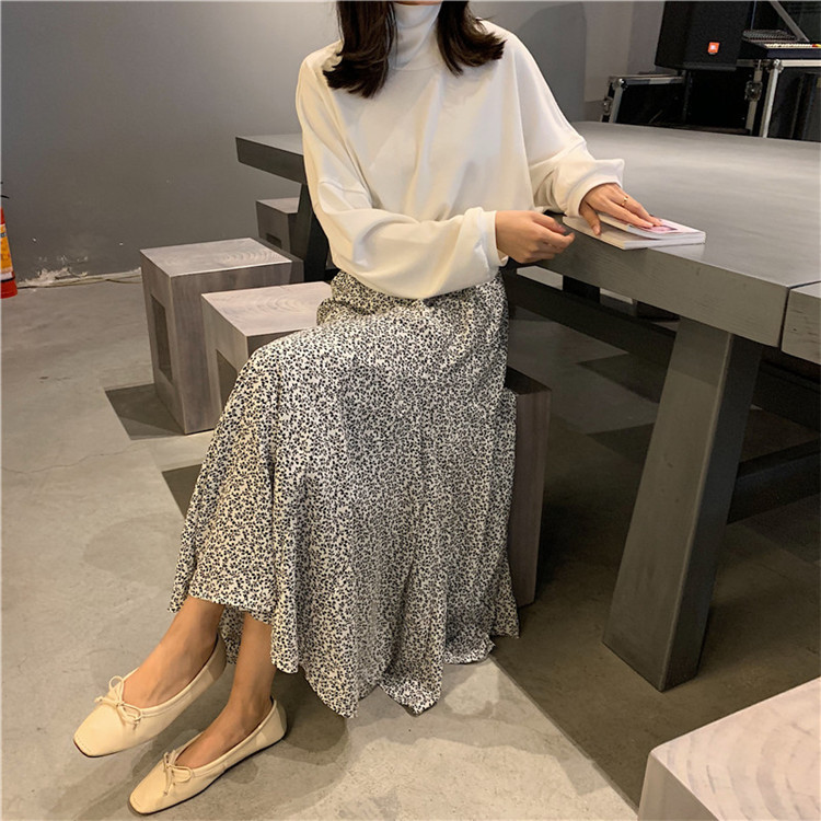 Women Elegant Floral Print Pleated Skirt Elastic High Waist Long Skirt Female Autumn Ladies High Quality Midi Skirt Saia 210306