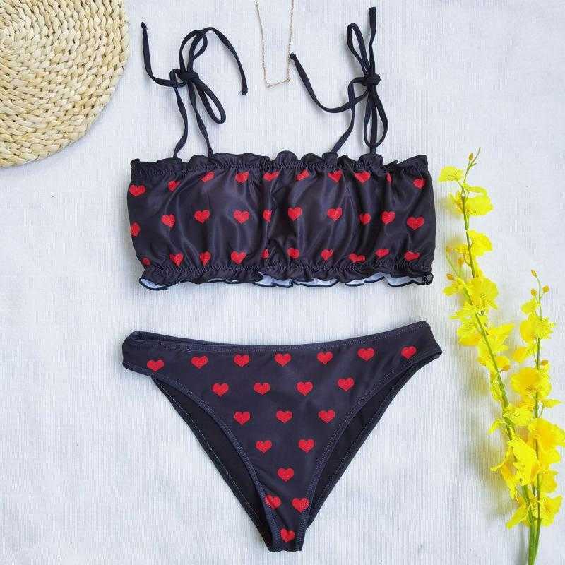Colysmo Black Bikini Push Up Padded Swimwear Women Tie Straps Heart Print Bathing Suit Hight Cut Tong Bikinis Sets 210527