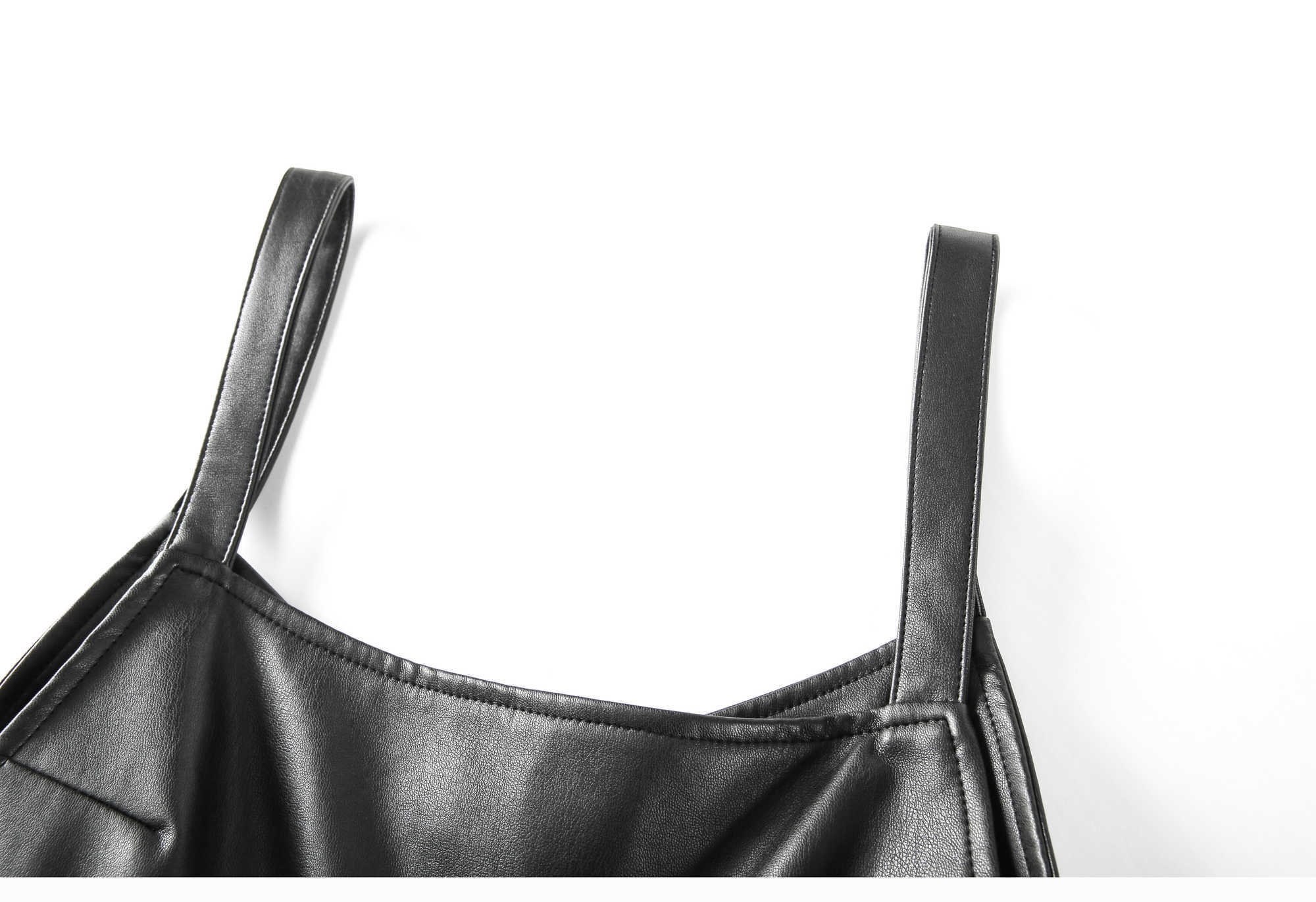 VANOVICH Korean Summer Black PU Leather Dress Women High Waist Chain Sling 210615Z
