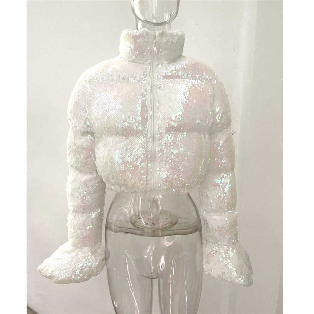 Cropped Puffer Jacket Pink Sequin Bell Sleeve Parka Bubble Coat Winter Fall Women XL XXL 210831