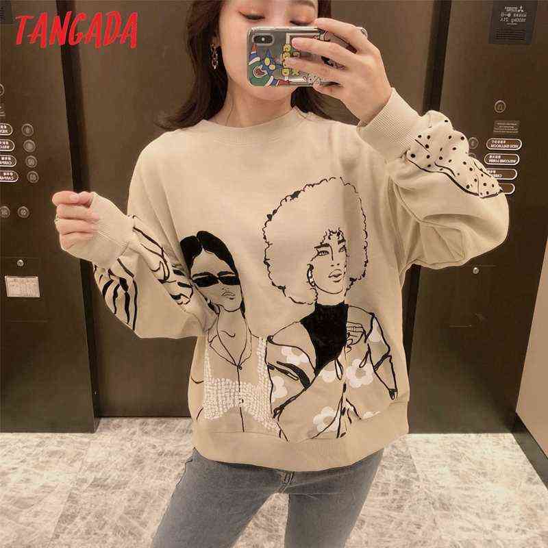 Tangada Women Charater Print Gray Sweatshirts Oversize Long Sleeve O Neck Loose Pullovers Female Tops 4H1 211108