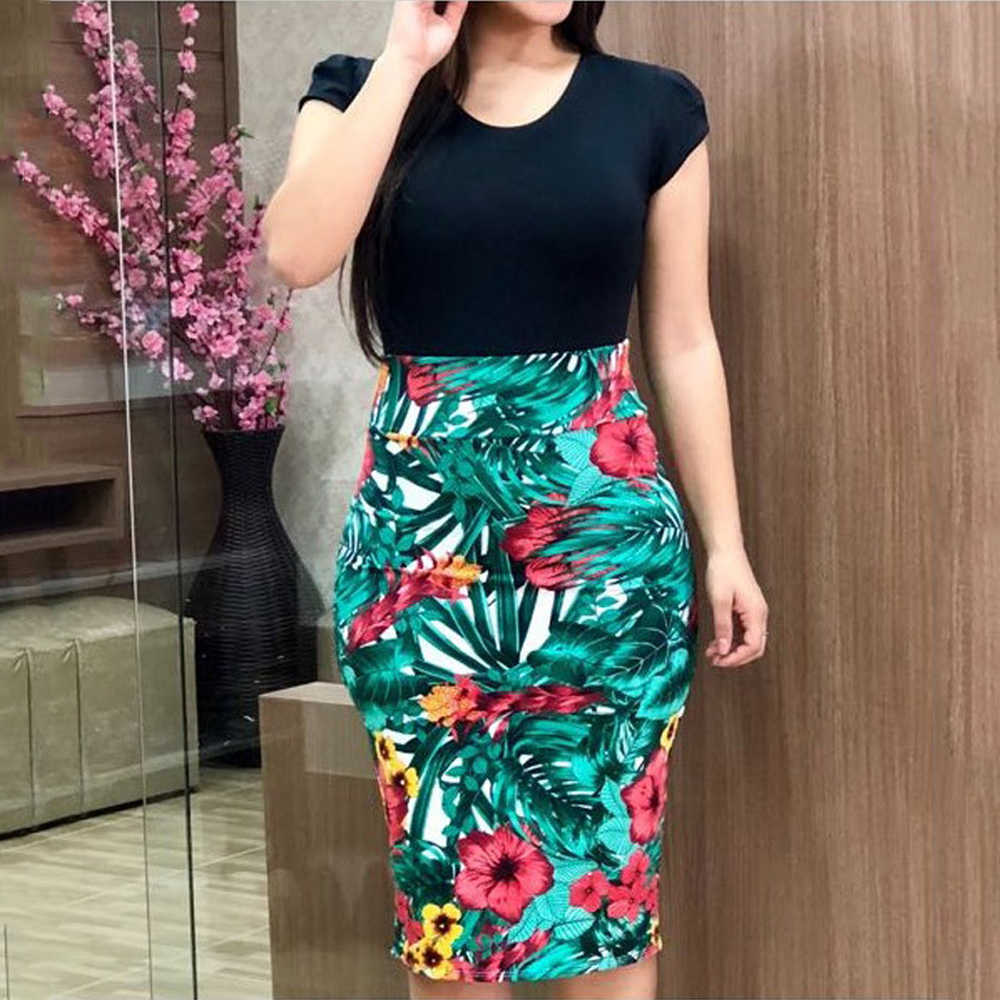 Women Bodycon Dress Summer Casual Flower Print Tunic Slim Package Hip Dresses Elegant Ladies Boho Vestidos Plus Size 5XL 210526