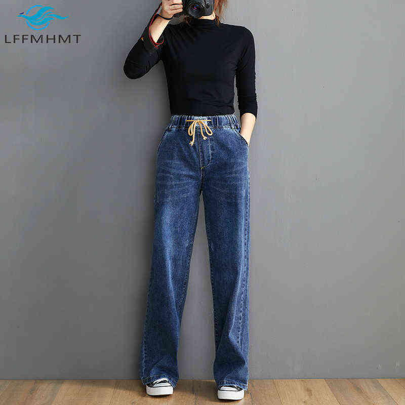 OYS 202 Elastic High Waist Women Denim Pants Office Lady Korean Simple Casual Loose Jeans Female Solid Color Vintage Trousers 211111