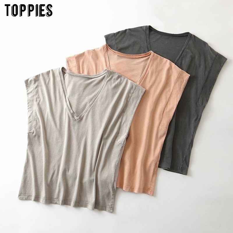 toppies summer cotton t-shirts womens sleeveless v-neck tops tees solid color fitness t-shirts 210310