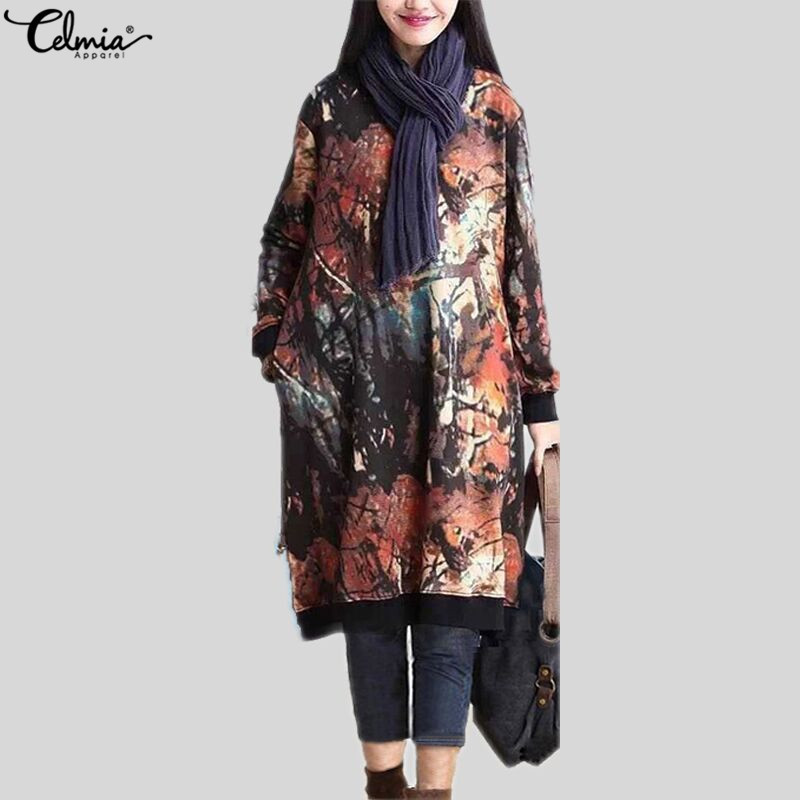 Celmia Vintage Winter Dress Women Long Sleeve Printed Vestido Female Autumn Casual Sweatshirt Dress Plus Size Pullover Vestidos 201008