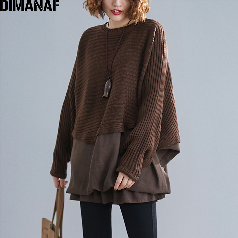 DIMANAF Oversize Autumn Women Sweater Knitting Pullovers Tops Plus Size Female Lady Fashion Casual Batwing Sleeve Basic Clothing 201017