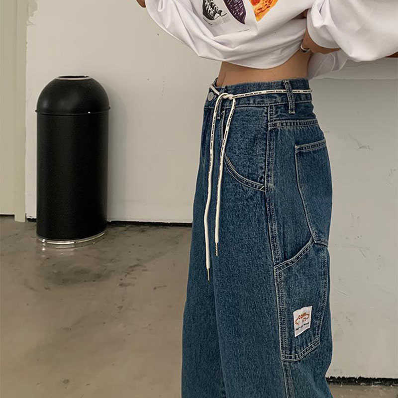 Baggy Streetwear Harajuku Wide Leg Cargo Pockets Jeans Women Casual High Waist Goth Aesthetic Korean Punk Denim Trousers Female 210922
