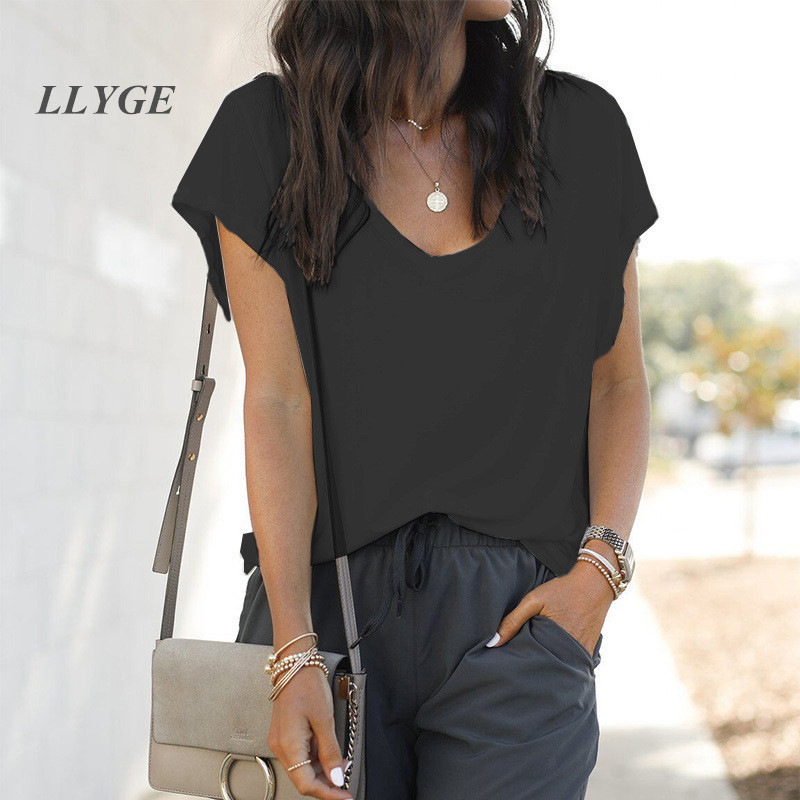 Summer Simple Loose T-shirt Women Solid V-neck Short Sleeve Casual Tshirts Female White Streetwear Fashion Tops For Woman T200614