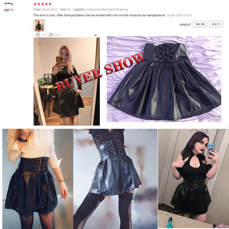SUCHCUTE Women's Skirts Gothic Harajuku Bandage Faux Leather Korean Fashion Black Mini Pleated Skirts Summer Party Pu Saias 210309