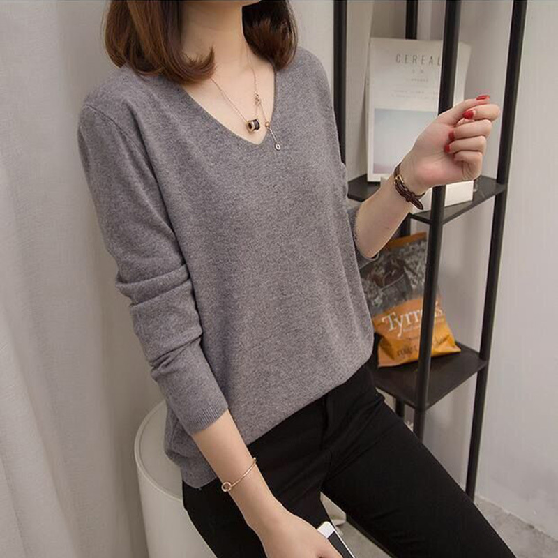 Womens Pullover Knit Spring Autumn Blouse Shirts V-neck Ladies Long Sleeve Casual Tops Pullovers Elastic Women Blouse 210225