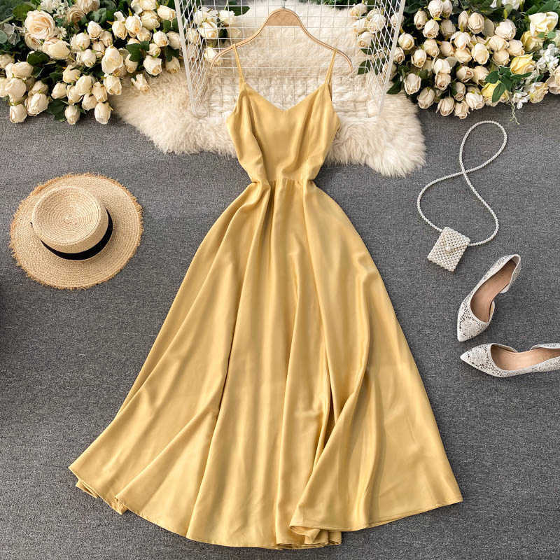 DEAT Women Sling Vacation Beach Dress V- Neck Sleeveless Arrivals Lady Temperament Fashion Spring Summer 11D2086 210709
