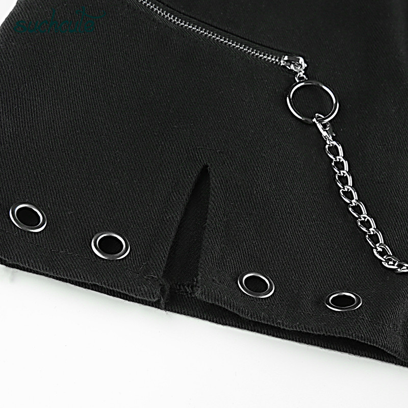 SUCHCUTE zipper up women skirts metal chain Modis gothic mini skirt A-line black spring streetwear female party outfits 210306