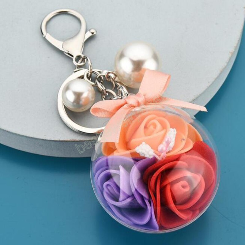 Fashion women Transparent Acrylic Ball Pendant keychains simulation rose flower Charms Pearl Lovely car bag Keychain Accessories