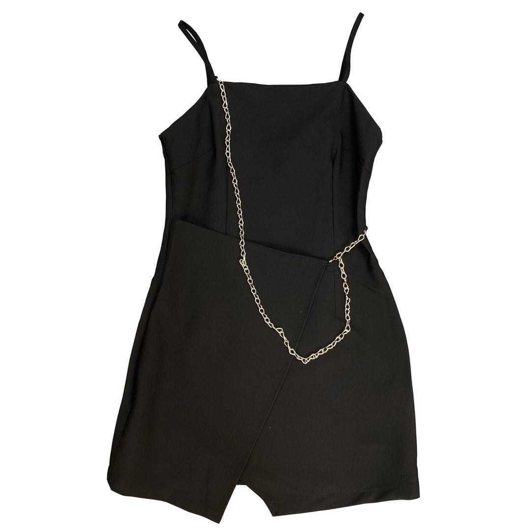DEAT Spring Summer Fashion Casual Chain Decoration Irregular Solid Color Sleeveless Suspender Dress Women SK183 210709