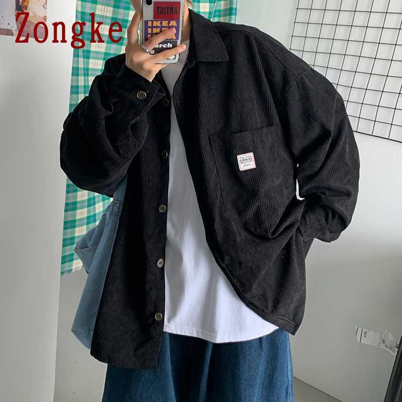 Zongke Corduroy Men Shirts For Men Clothing Harajuku Black Shirt Korean Style Men Shirt Long Sleeve Vintage Clothes 3XL 210708